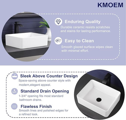 Vessel Sink 19"x15" Rectangular Bathroom Sink Modern White Porcelain Ceramic Above Counter Drop-in Vanity Sink for Bathrooms Art Basin
