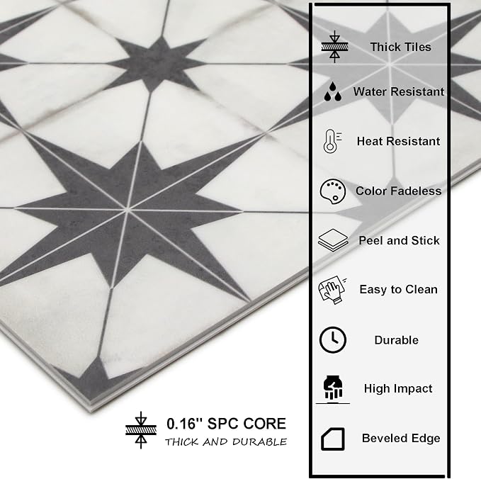 INNO STCIEKRS 16-Sheet Peel and Stick Floor and Wall Tile for Bathroom Kitchen, 9" x 9" Patterned Star SPC Self-Adhesive Vinyl Flooring Encaustic Groutable Backsplash Tile, Covers 9.12 Sq. Ft.