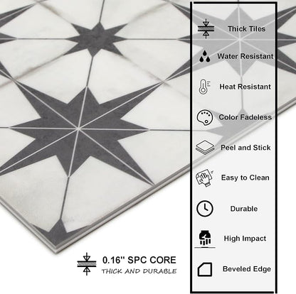 INNO STCIEKRS 16-Sheet Peel and Stick Floor and Wall Tile for Bathroom Kitchen, 9" x 9" Patterned Star SPC Self-Adhesive Vinyl Flooring Encaustic Groutable Backsplash Tile, Covers 9.12 Sq. Ft.