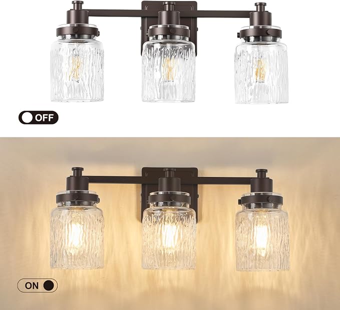 3 Light Bathroom Vanity Light Fixtures Farmhouse Oil Rubbed Bronze | ETL Certificate, Easy to Install,Wall Mount Up or Down,Hammered Glass Lampshade,E26 Socket,Hardwired,120V