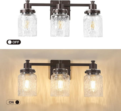 3 Light Bathroom Vanity Light Fixtures Farmhouse Oil Rubbed Bronze | ETL Certificate, Easy to Install,Wall Mount Up or Down,Hammered Glass Lampshade,E26 Socket,Hardwired,120V