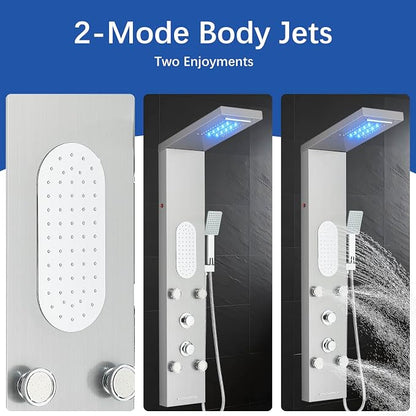 Luxury Shower Tower System with LED Shower Head, 5 Functions Shower Panel Tower System with 4 pcs Body Massage Jets,Stainless Steel Wall Mount Massage Shower Panel Tower System Brushed Nickel
