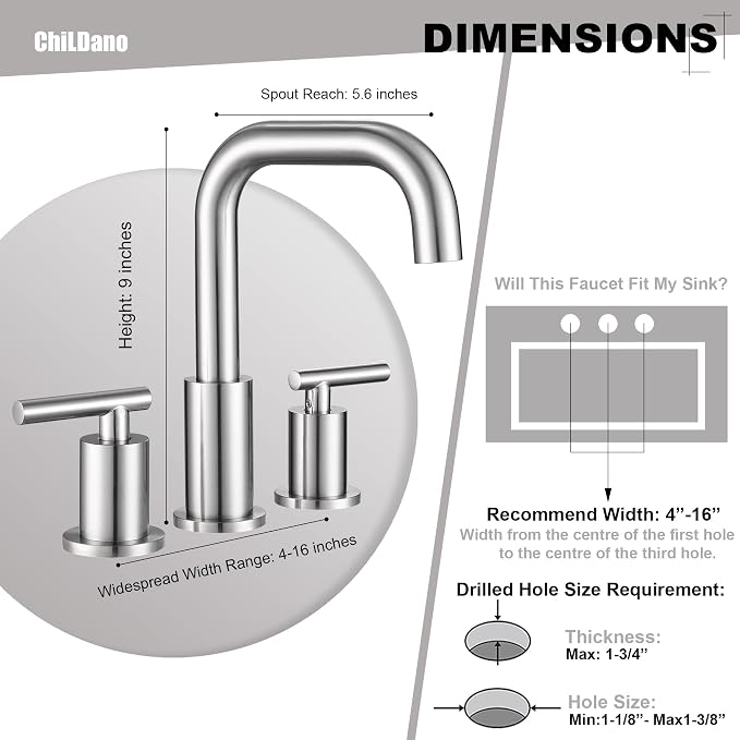 8 inch Brushed Nickel Widespread Bathroom Faucet, 2 Handle 3 Hole Bathroom Faucet with Sink Drain and Water Faucet Supply Hose, ChiLDano Bathroom Faucets CH3166BN | ChiLDano Satin Nickel Sink Faucet Bathroom with 360 Swivel Spout, Brushed Nickel Vanity...