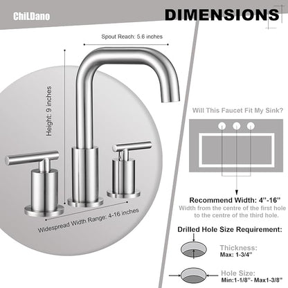 8 inch Brushed Nickel Widespread Bathroom Faucet, 2 Handle 3 Hole Bathroom Faucet with Sink Drain and Water Faucet Supply Hose, ChiLDano Bathroom Faucets CH3166BN | ChiLDano Satin Nickel Sink Faucet Bathroom with 360 Swivel Spout, Brushed Nickel Vanity...