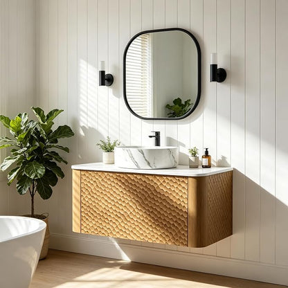 30 Inch Modern Bathroom Vanity with Ceramic Sink, Floating Bathroom Vanity Cabinet with Sintered Stone Top&Solid Wood Hammered Frame, Single Sink Bathroom Vanities w/Soft-Close Drawers,Natural