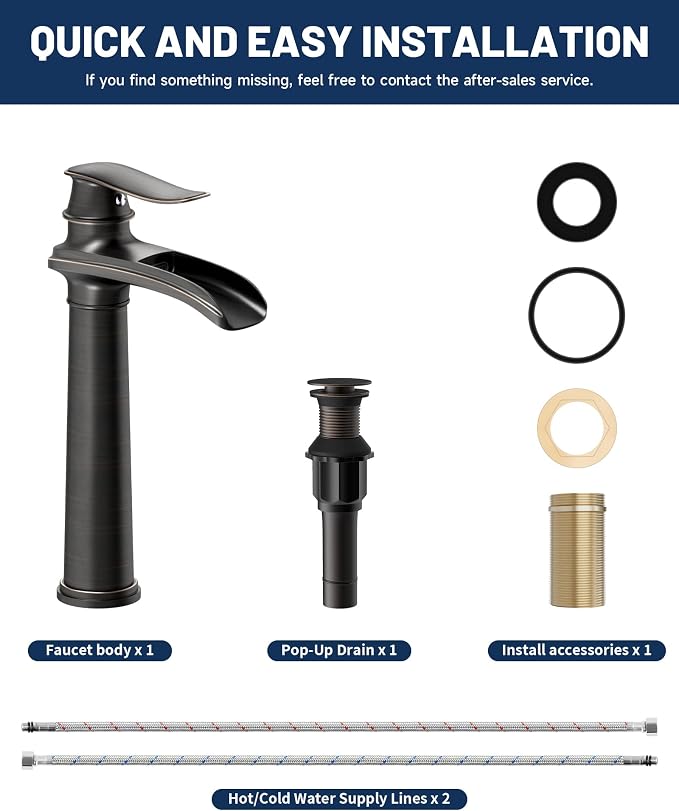 Oil Rubbed Bronze Vessel Sink Faucet Brass Waterfall Bathroom Faucet | with Pop Up Drain Assembly and Supply Hoses, Single Handle Tall Bathroom Faucets Lavatory Vanity Mixer Tap by BATHLAVISH