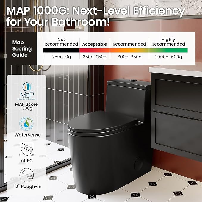 Black One Piece Toilet for Bathroom, Avg. 1.28 GPF Elongated Comfortable Seat Height Powerful Dual Flush Toilet, 12" Rough-In Skirted Toilet with Quick Release & Soft Close UF Seat, MAP 1000G