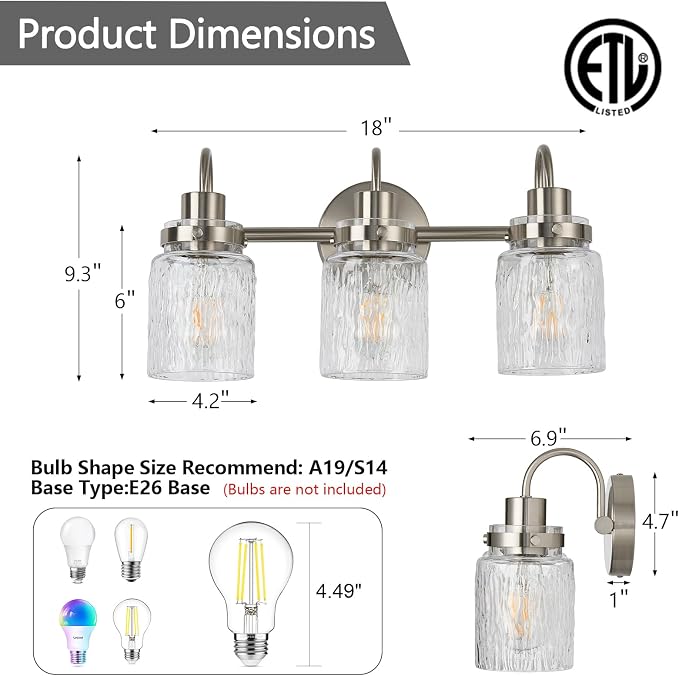 3 Lights Bathroom Vanity Light, Brushed Nickel Bathroom Light Fixtures with Hammered Glass Lampshade for Dressing Table,Over Mirror,Hallway