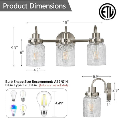 3 Lights Bathroom Vanity Light, Brushed Nickel Bathroom Light Fixtures with Hammered Glass Lampshade for Dressing Table,Over Mirror,Hallway