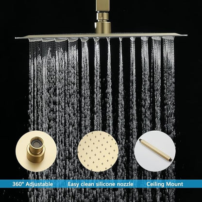 12 Inch Ceiling Mount ‎Brushed Gold Shower System Bathroom Luxury Rain Mixer Shower Combo Set Ceiling Rainfall Shower Head System (Contain Shower Faucet Rough-in Valve Body and Trim Kit)