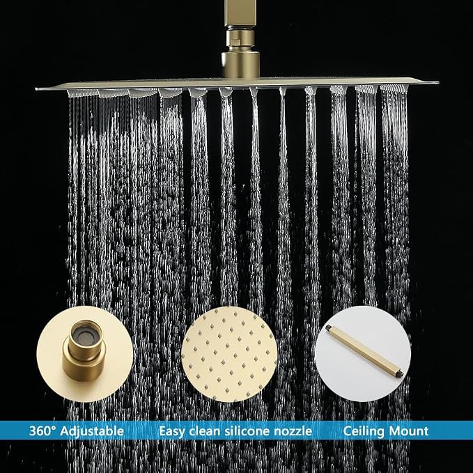 16 Inch Ceiling Mount Brushed Gold Shower System Bathroom Luxury Rain Mixer Shower Combo Set Ceiling Rainfall Shower Head System (Contain Shower Faucet Rough-in Valve Body and Trim Kit)