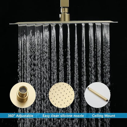 16 Inch Ceiling Mount Brushed Gold Shower System Bathroom Luxury Rain Mixer Shower Combo Set Ceiling Rainfall Shower Head System (Contain Shower Faucet Rough-in Valve Body and Trim Kit)