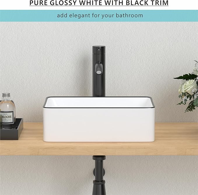 J-FAMILY 14.5'' x 10.6'' Small Vessel Sink Bathroom Above Counter White Porcelain Ceramic Rectangular Sink Bowl Black Trim Decoration Small Vanity Sink Lavatory Wash Basin