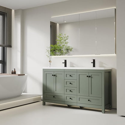 eclife 60" Bathroom Vanities with Sink Combo, Modern Thickened Wood Bathroom Storage Cabinet w/Undermount Double Sink, Matte Black Faucet Drain, Painted Surface, Green