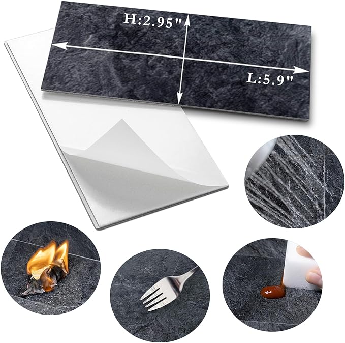 AULIGET 200 Pieces Black Slate Peel and Stick Backsplash Wall Tiles, 3" x 6" PVC Faux Stone Stick on Tiles for Backsplash Kitchen, Bathroom, Laundry Room, Camper, Fireplace