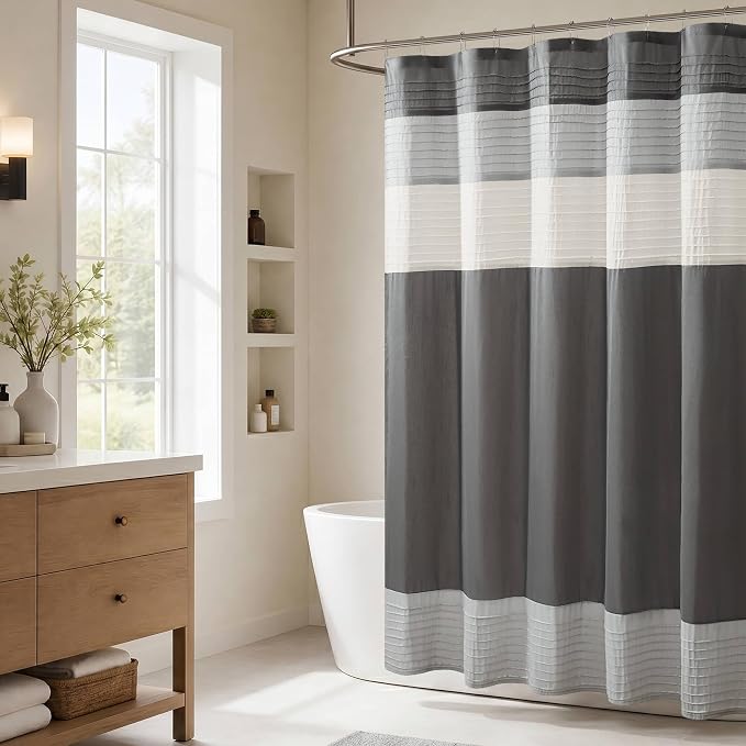 Madison Park Amherst Bathroom Shower Curtain Faux Silk Pieced Striped Modern Microfiber Bath Curtains, 72x72 Inches, Grey