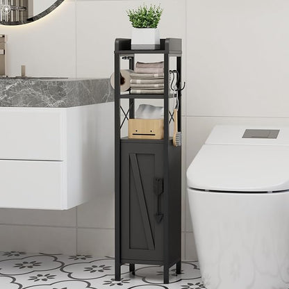 VECELO Small Bathroom Storage Cabinet, Slim Toilet Paper Holder with Shelves & Metal Racks, Organizer Cabinet for Narrow Spaces, Matte Black, Farmhouse Style