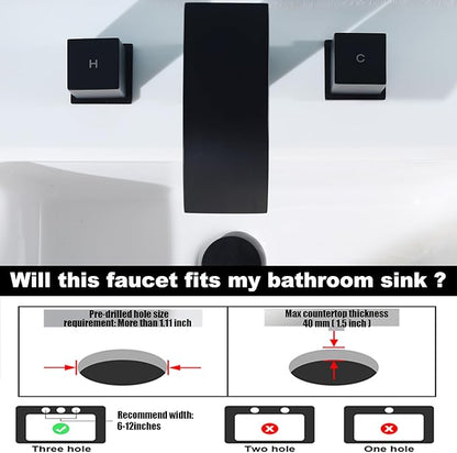 3 Hole Bathroom Faucet, Matte Black 8 inch Bathroom Sink Faucets Widespread 2 Handles, Metal Square Modern Waterfall 3 Hole Bathroom Vanity Faucets with Pop Up Drain, Black Faucet