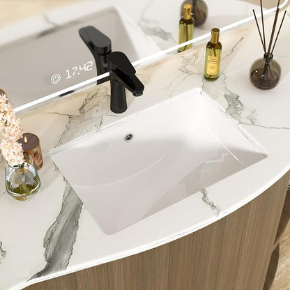 White Undermount Bathroom Sink 20.4"x14.4"Ceramic Basin | Modern Porcelain Under Counter Bathroom Vanity Sink, Interior Bowl 18.3" x 12.4", Rectangular Undermount Basin with Overflow