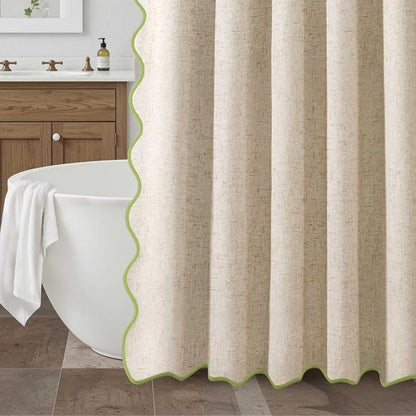 Scalloped Shower Curtain Linen Boho Flax Cream 72" W x 72" L | Linen Fabric, Black Border, Washable, Heavy Duty Cloth, Shower Curtain for Boho Farmhouse Bathroom Bathtub