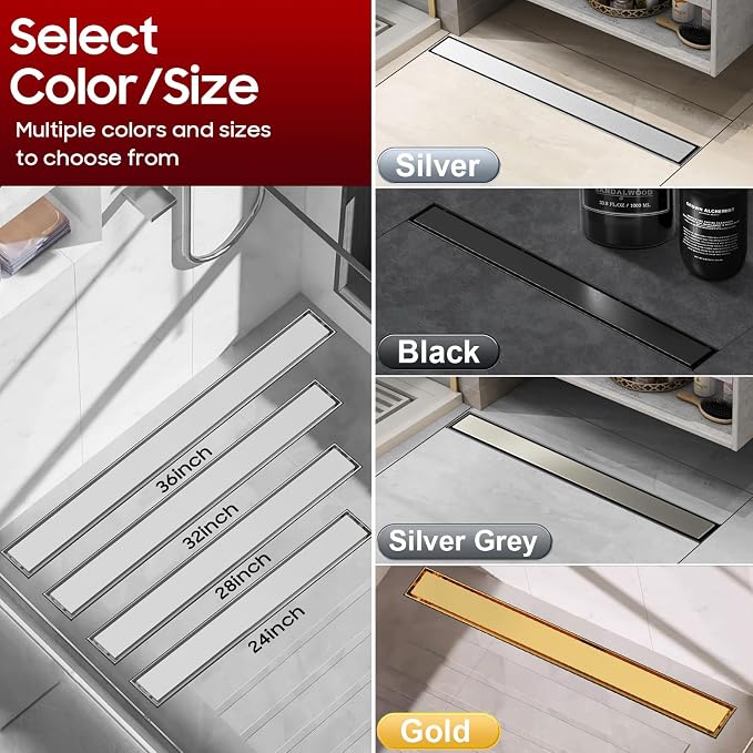 DLONE® Linear Shower Drain - 28 Inch Brushed Nickel, with Tile Insert Panel | AISI 304 Stainless Steel Linear Drain, Rectangle Shower Floor Drain, with Adjustable Feet, Fits Bathroom & Balcony etc