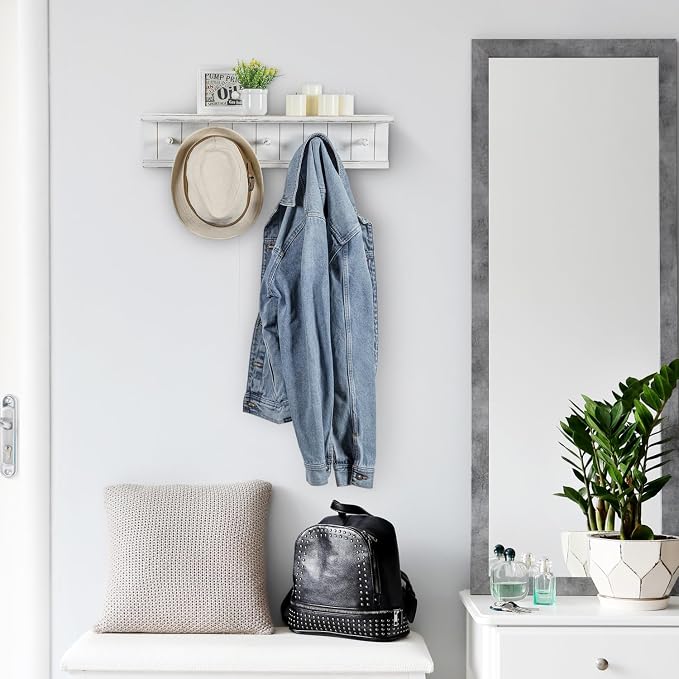 MyGift Wall Mounted White Wood Bathroom Shelf with 5 Hooks Towel Rack | Open Display Shelving with Five Hanging Pegs for Towels, Robes, Keys & Everyday Essentials, Rustic Farmhouse Style