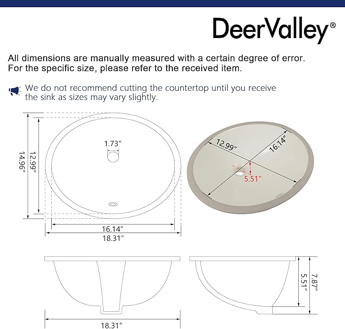 DeerValley DV-1U303BN Bone Undermount Bathroom Sink 18'' x 15'' Oval Ceramic Sink Bathroom Vessel Sink with Overflow Hole