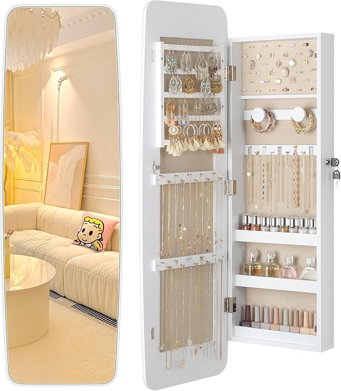 Nicetree Rounded Mirror Jewelry Cabinet, Lockable, Wall Mounted, Moon White | Hanging Jewelry Armoire Organizer, Rounded Armoire with Full Length Mirror, Wide Mirror with Storage, Gift Idea,Lock