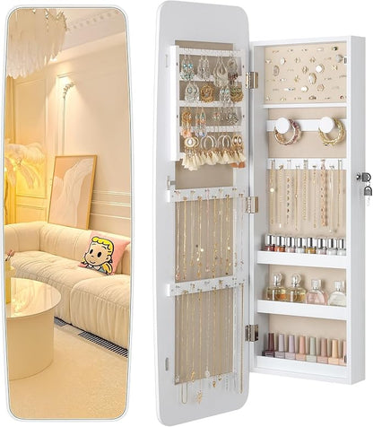 Nicetree Rounded Mirror Jewelry Cabinet, Lockable, Wall Mounted, Moon White | Hanging Jewelry Armoire Organizer, Rounded Armoire with Full Length Mirror, Wide Mirror with Storage, Gift Idea,Lock