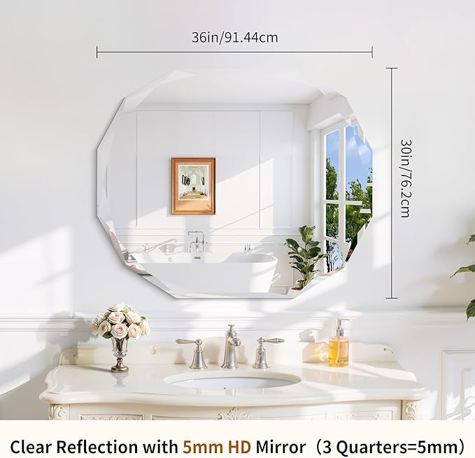 GLASHOM Frameless Bathroom Mirror, 30x36 inch Vanity Mirror Beveled Edge Wall Mounted, Modern Frameless Mirror for Bathroom, Living Room, Entryway Mirror Horizontal or Vertical