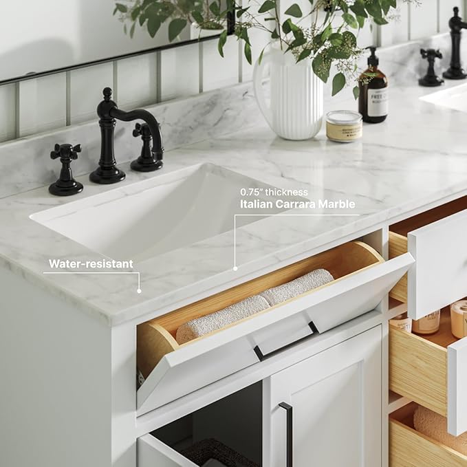 ARIEL Hepburn 72-inch Bathroom Vanity with Sink,Solid Wood, 0.75-inch Italian Carrara Marble Countertop, Double Rectangular Porcelain Sink, 4 Soft Closing Doors, 6 Dovetail Drawers, White
