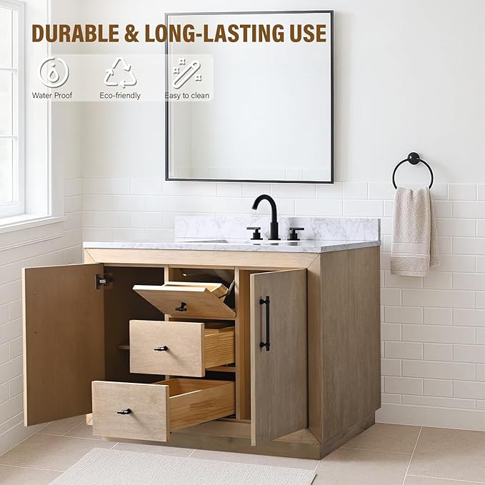 HOMEBEYOND 48 Inch Bathroom Vanity with Single Sink & Ceramic Top, MDF Material Vanity Cabinet with Basin Combo, Soft-Closing Doors, Removable Shelf, Backsplash