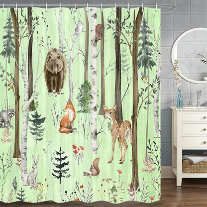JAWO Rustic Forest Shower Curtains, Lodge Cabin Woodsy RV Shower Curtain, Wildlife Animals Woodland Campers Camping Bathroom Set with Hooks, 72X75 Inch, Moss Green