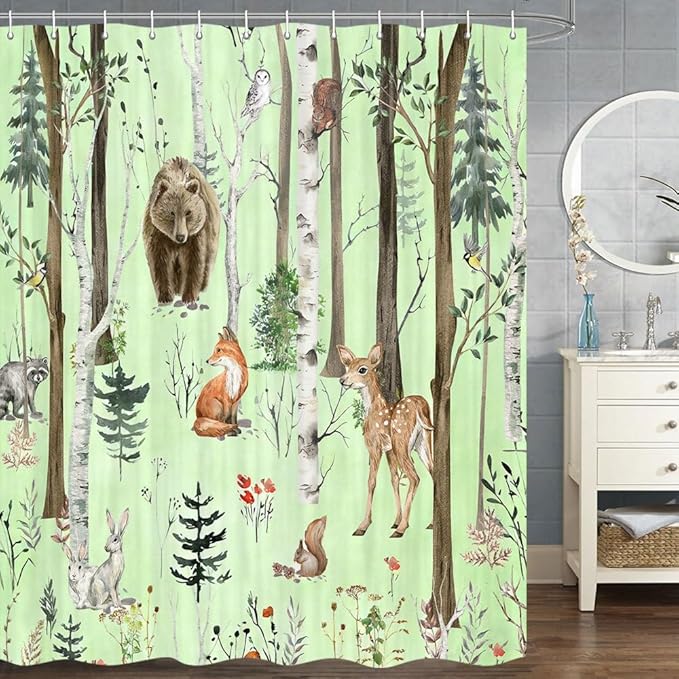 JAWO Rustic Forest Shower Curtain, Lodge Cabin Woodsy RV Wildlife Animals Woodland Campers Camping Bathroom Set with Hooks, 72X84 Inch, Moss Green