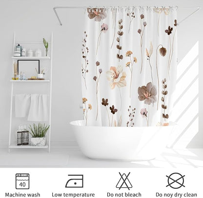 Brown Beige Watercolor Floral Fabric Shower Curtain, 54x72 | Waterproof Fabric, Modern Minimalist Floral Print, Machine Washable, Rustproof Grommets, for Bathroom Home, Stall