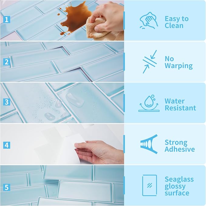 Art3d Seaglass Subway Design Peel and Stick Backsplash, 10-Pack, Aqua Blue | 12 x 12 Inch, Water Resistant, Durable, Easy to Installation, Coastal Style, for Modern Home Decor, Kitchen, Home Improvement
