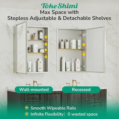 36 x 24 Brushed Nickel Recessed Medicine Cabinet, Assembly Required, Bathroom Mirror Medicine Cabinet, Lightweight Aluminum Frame， Stepless Adjustable Shelves, Tempered Glass