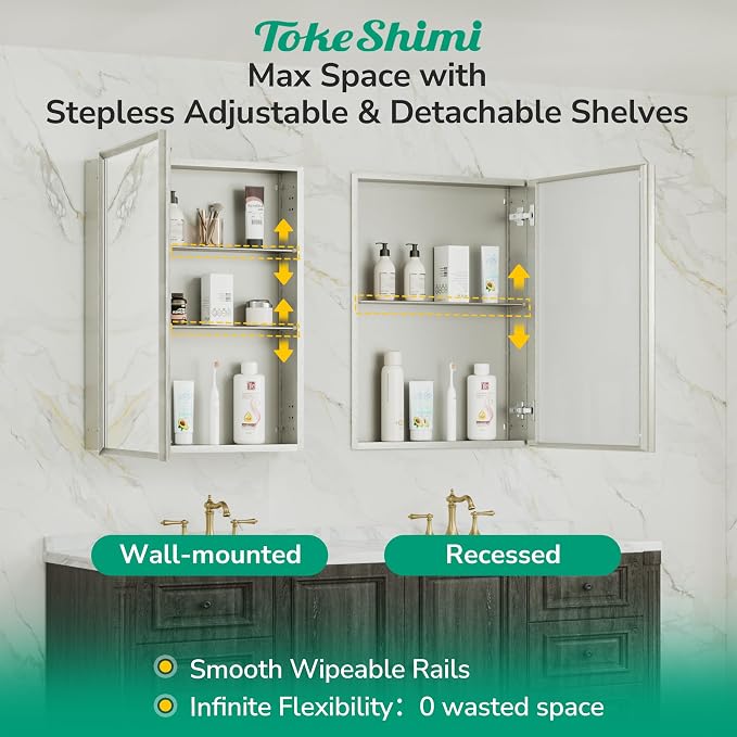 14 x 18 Medicine Cabinet for Bathroom, Assembly Required, Brushed Nickel Medicine Cabinet with Mirror, Stepless Adjustable Shelves, Tempered Glass, Beveled Aluminum Frame