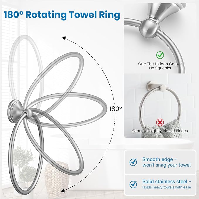 4-Piece Bathroom Hardware Accessories Kit, Zynuhmo Brushed Nickel Towel Bar Set Wall Mounted with 20'' Towel Bar, Towel Ring & Toilet Paper Holder, Robe Hook Set Fixtures for Modern Farmhouse Bathroom