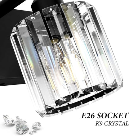 Black Crystal Bathroom Vanity Light, 4-Light Modern Bathroom Lighting Fixtures Over Mirror, Matte Black Wall Sconce Light Fixtures with Round Shade