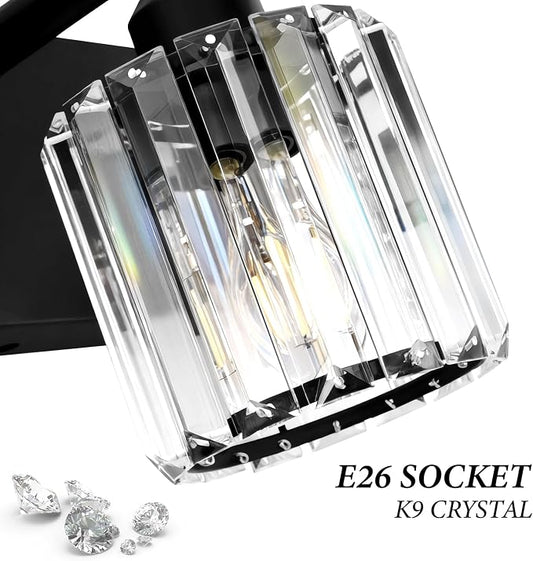 Black Crystal Bathroom Vanity Light, 5-Light Modern Bathroom Lighting Fixtures Over Mirror, Matte Black Wall Sconce Light Fixtures with Round Shade