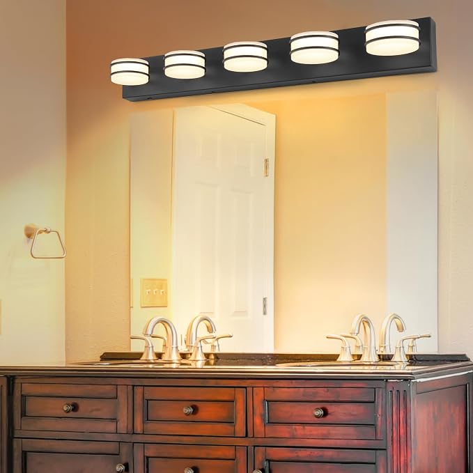 GOODATE 3 Color Temperature Dimmable Bathroom Light Fixtures Over Mirror, LED Black 5 Light Vanity Lighting Fixtures, Acrylic Stainless Steel Oval Shade Vanity Lights for Bathroom, ETL Certificated