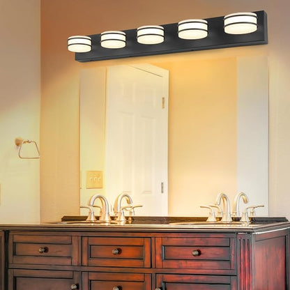 GOODATE 3 Color Temperature Dimmable Bathroom Light Fixtures Over Mirror, LED Black 5 Light Vanity Lighting Fixtures, Acrylic Stainless Steel Oval Shade Vanity Lights for Bathroom, ETL Certificated