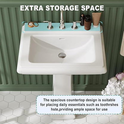 Bathroom Pedestal Sink 26 X 20 Inch | Ceramic Basin with Backsplash, 3 Faucet Holes (8 Inch Widespread), Space-Saving Design for Small Bathrooms