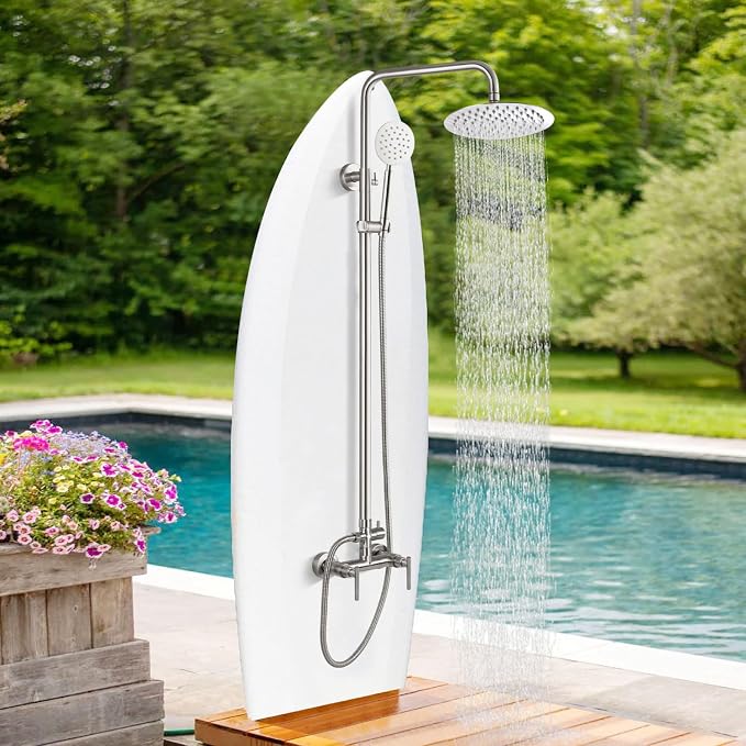 gotonovo Outdoor Shower 304 Stainless Steel, Brushed Nickel, Lever Handle | Rain 8 Inch Outdoor Shower Head with Handheld Kit Fixtures System Faucet Set with Valve Wall Mount for Seaside Backyard Pool