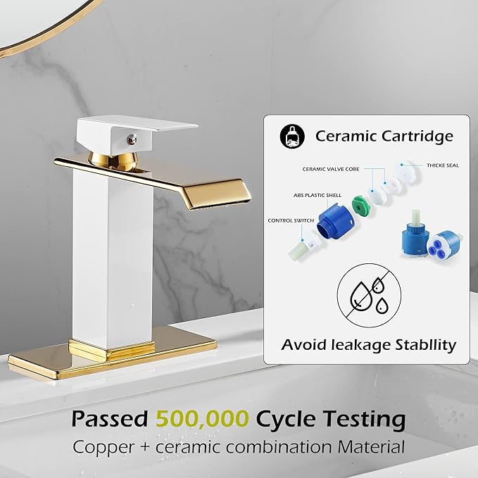 Bathroom Faucet Gold Spout Waterfall White Body Single Hole 1 Handle Bathroom Vanity Sink Faucet with Deck Plate and Pop Up Drain Stopper Overflow Brass Basin Mix Tap Deck Mount
