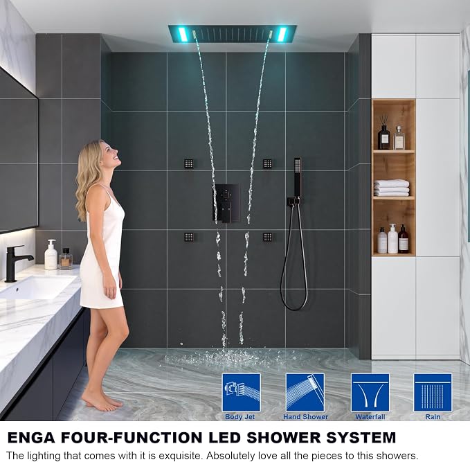 ENGA Oil Rubbed Bronze Shower System with Body Jets, 2 In 1 Functions Ceiling Mount 14x20inch LED Shower Head with 4 Body Jets, Rainfall Waterfall Shower Faucet Set