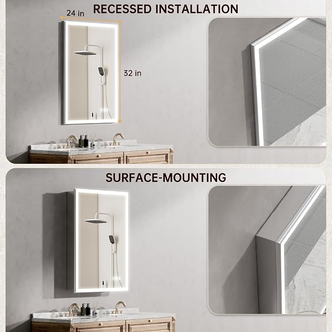 24"x32" Medicine Cabinet Mirror, LED Lighted Medicine Cabinet with Electrical Outlet＆USB, Anti-Fog, 3 Colors Temperature Stepless Dimmable, Aluminum Cabinet for Storage and Mordern Decor