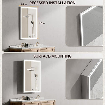 24"x32" Medicine Cabinet Mirror, LED Lighted Medicine Cabinet with Electrical Outlet＆USB, Anti-Fog, 3 Colors Temperature Stepless Dimmable, Aluminum Cabinet for Storage and Mordern Decor