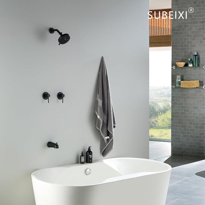 2 Handle Shower Faucet Set with Tub Spout Matte Black Two Handles Shower Faucet Set Bathtub Shower Faucet Combo, Wall Mount